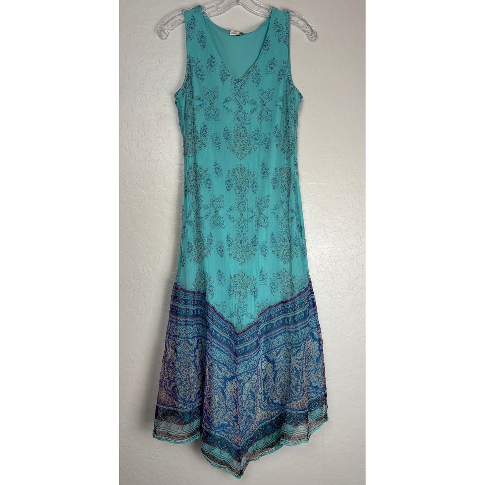 Sundance Turquoise Blue Paisley Damask Handkerchief Hem Midi Dress Sz 4 2310